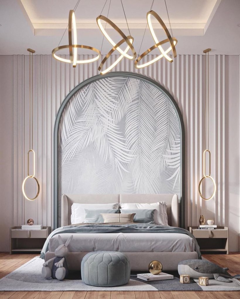 Modern bedroom with palm wallpaper and sculptural lighting