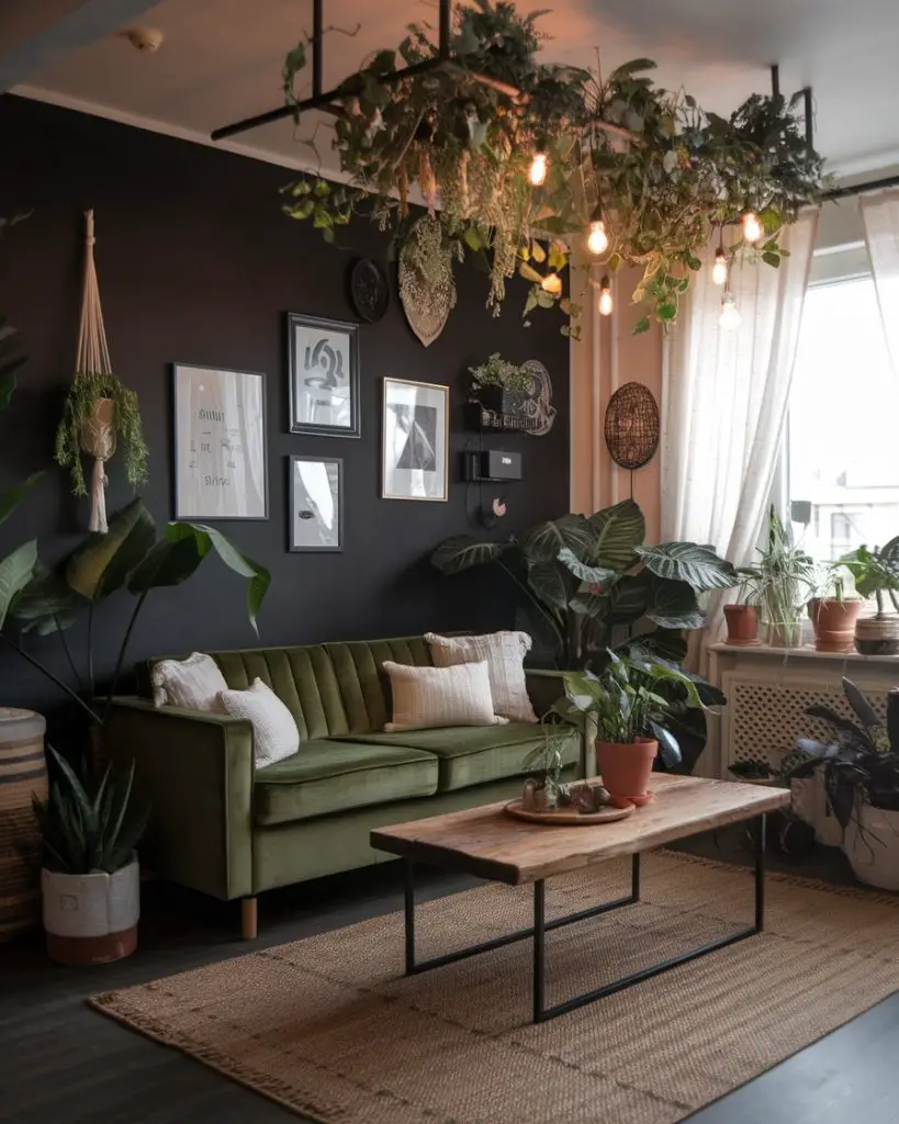 Green sofa with plant chandelier, exposed bulbs, botanical gallery wall