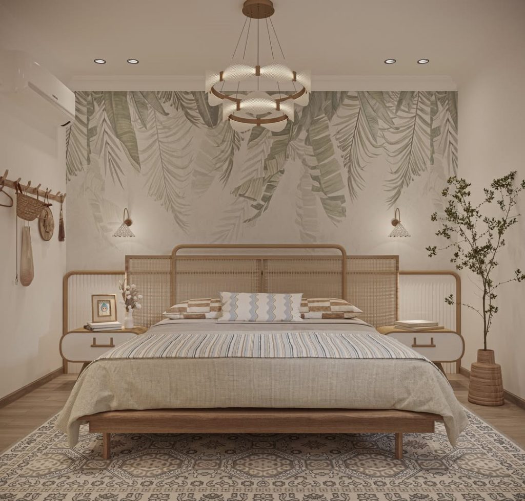 Bedroom with tropical wall mural cane headboard brass lighting