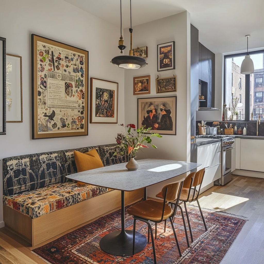 Dining area with eclectic gallery wall and banquette seating