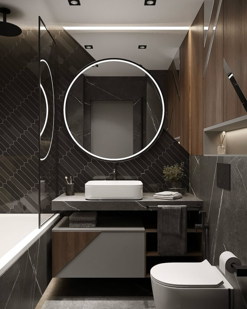 Modern powder room with hexagonal tiles and circular mirror