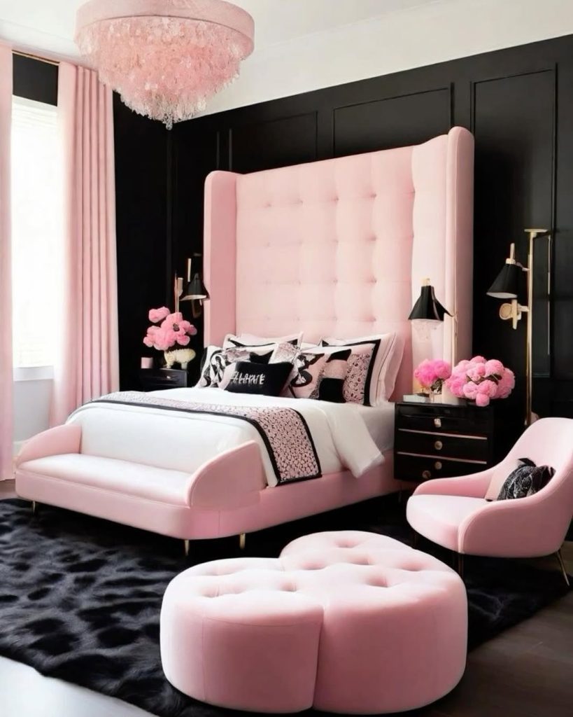 Pink bedroom with tufted headboard and crystal chandelier