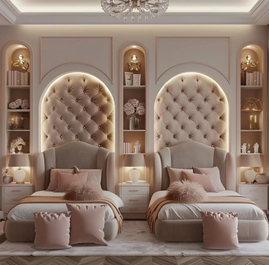 Elegant twin beds with tufted headboards and crystal chandelier lighting