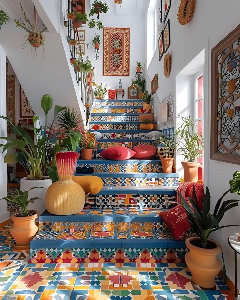 Moroccan tiled stairs decorated with plants and colorful pottery