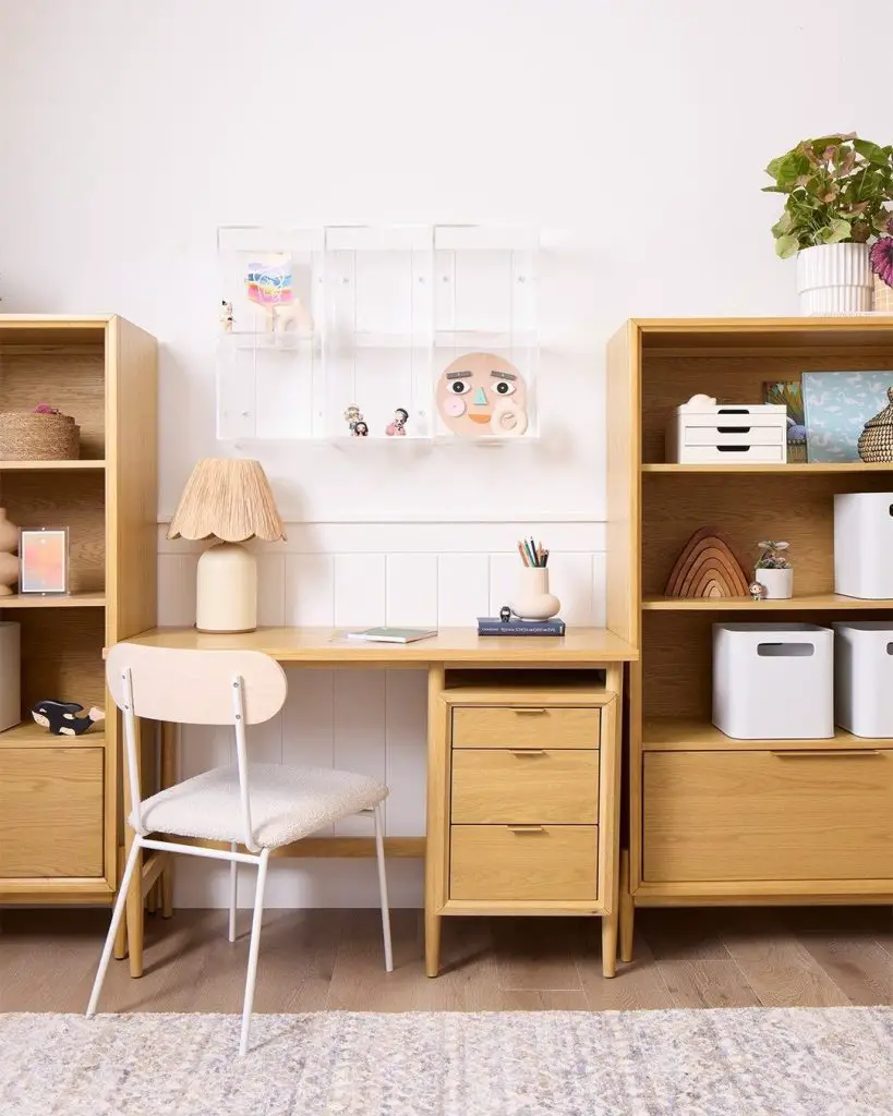 Oak wood desk with symmetrical storage and shelving