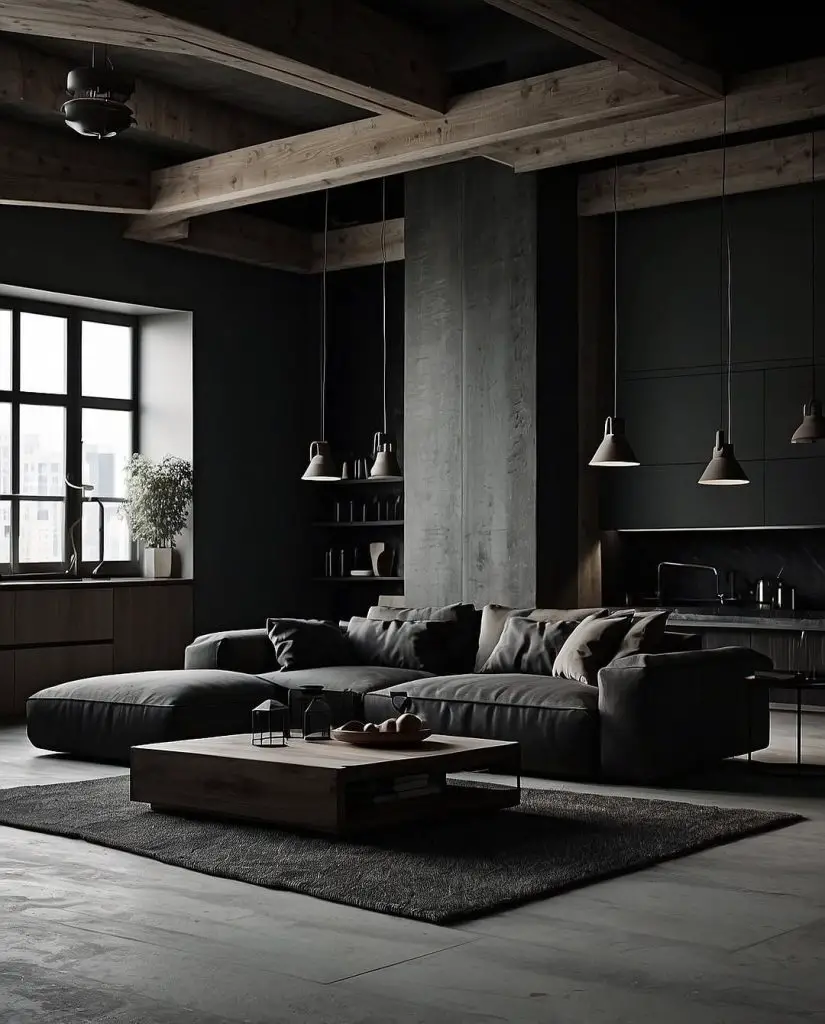 Rustic modern loft with exposed beams and pendant lighting