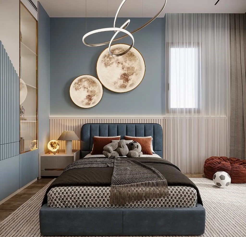 Bedroom with spiral lighting moon art blue headboard