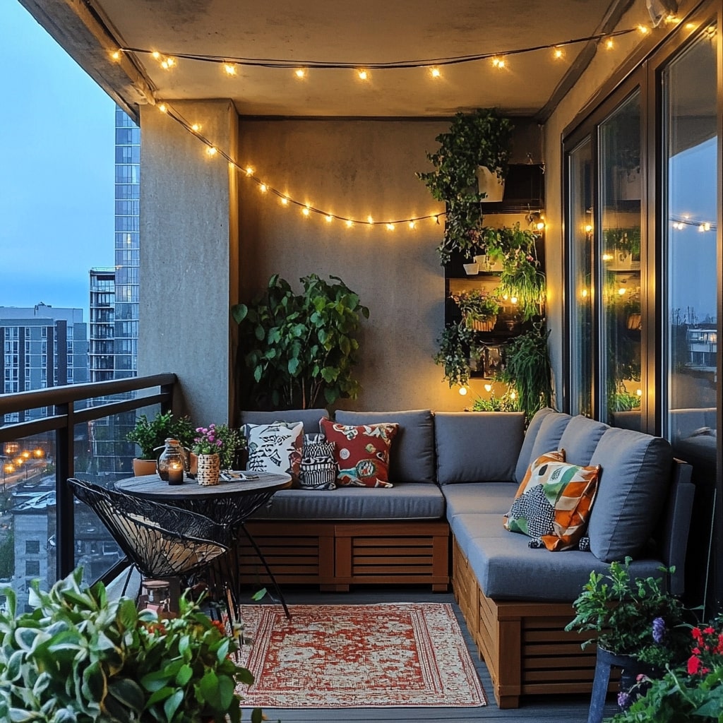 Cozy apartment balcony with plants and string lighting