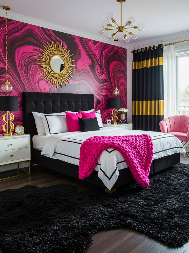 Bedroom with pink marble wallpaper and gold accents