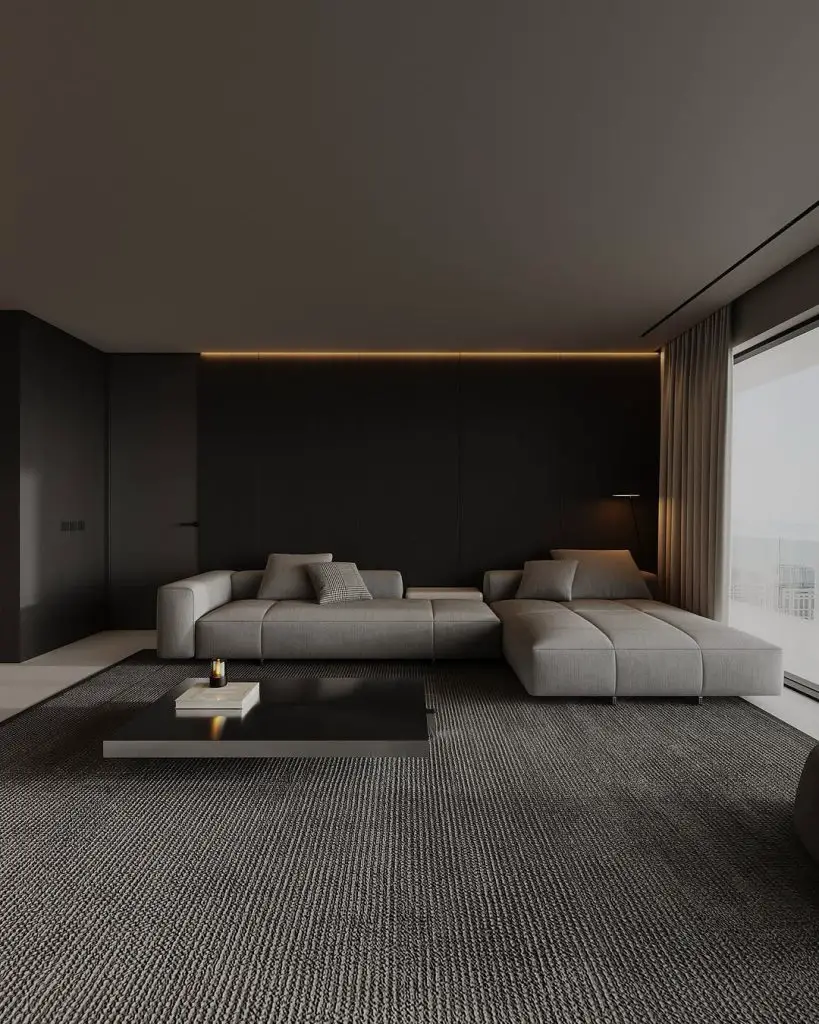  Minimalist luxury lounge with floating furniture and hidden lighting