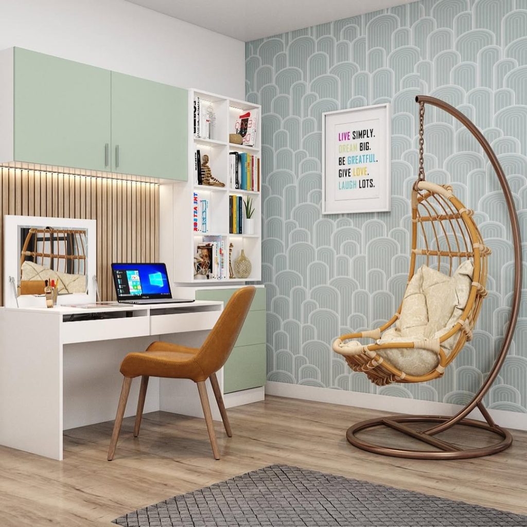 Teen office with geometric wallpaper and hanging chair