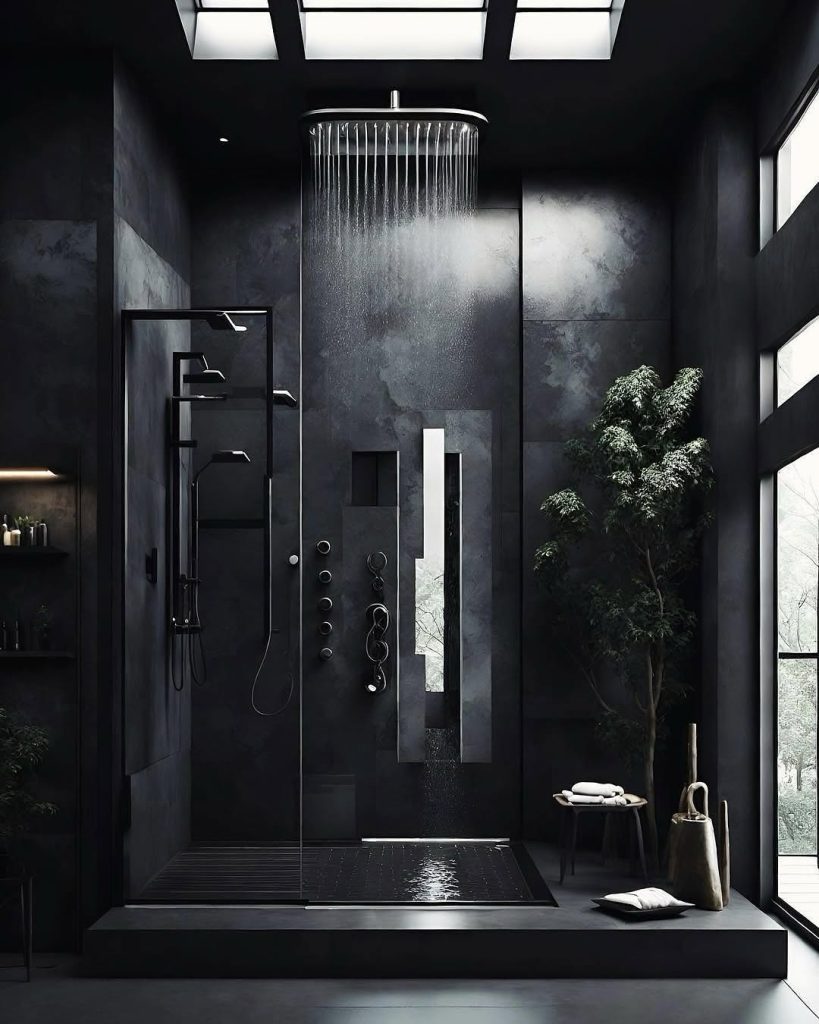 Dark shower room with skylights and rainfall showerhead system
