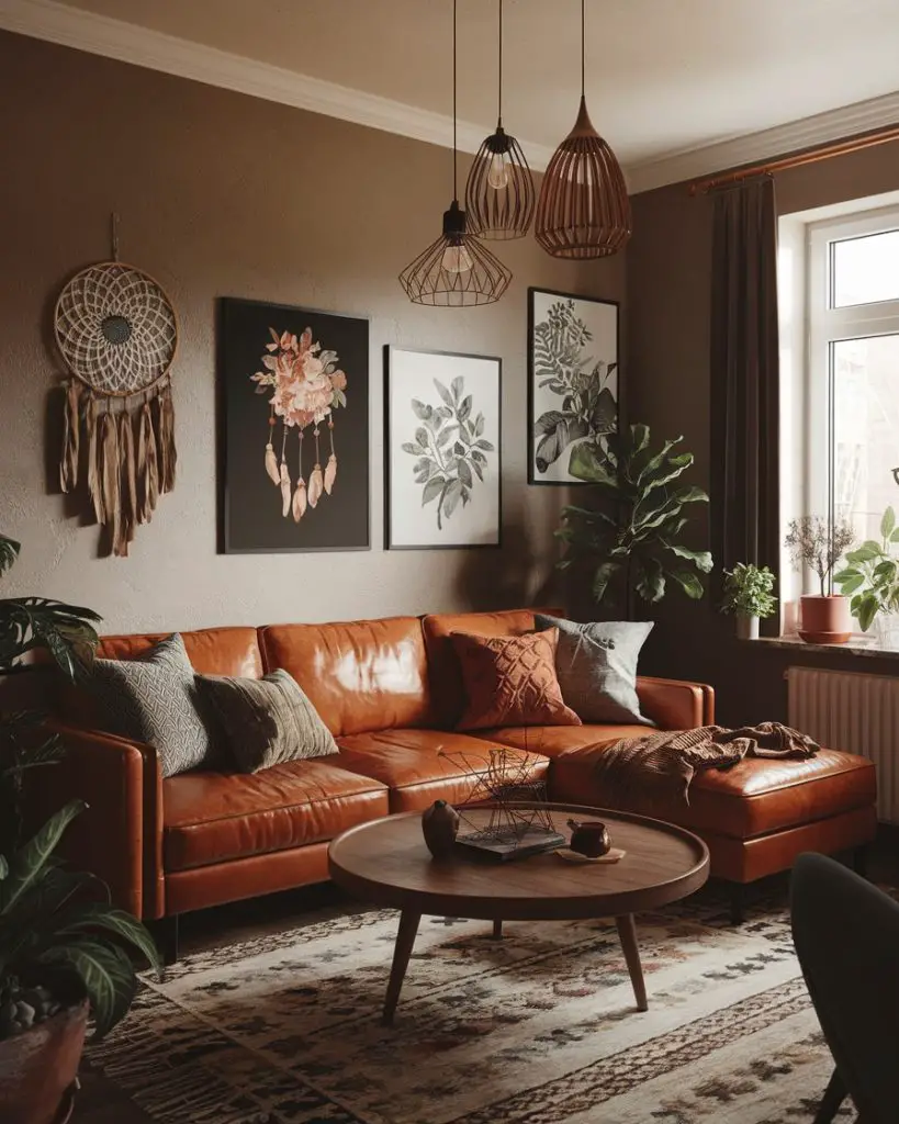 Cognac leather sectional with wire pendants, botanical art, neutral tones
