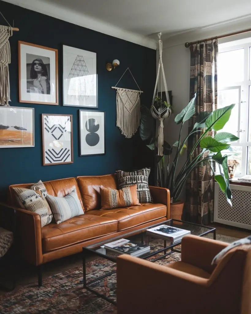  Tan leather sofa with teal wall, geometric gallery, tribal pillows