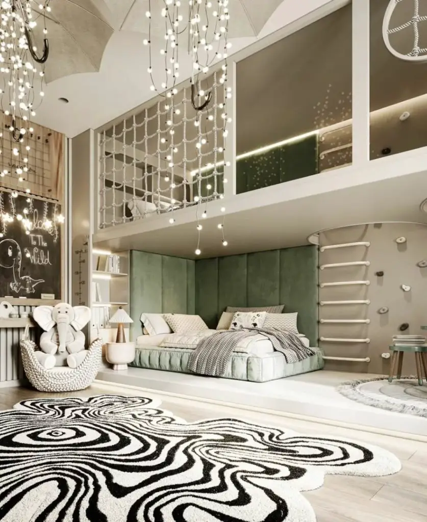 Kids bedroom with fairy lights cascading from loft and climbing features