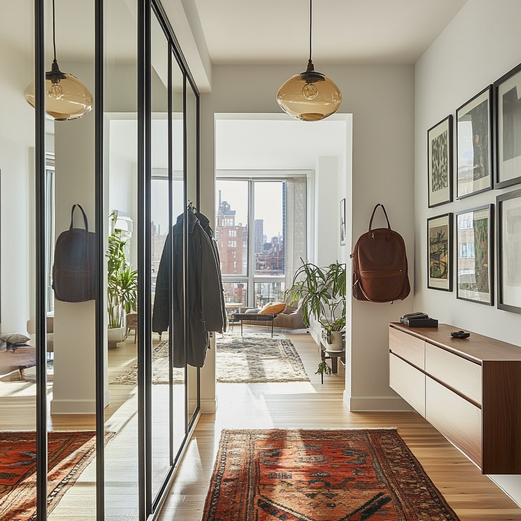 Modern entry hallway with built-in storage and pendant lights