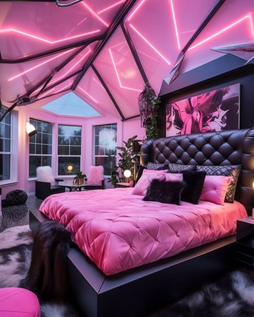 Geometric ceiling bedroom with pink neon lighting effects