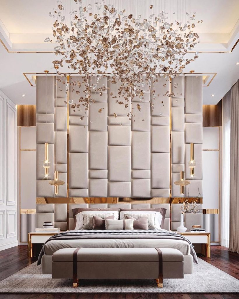 Luxury bedroom with geometric wall panels and crystal installation