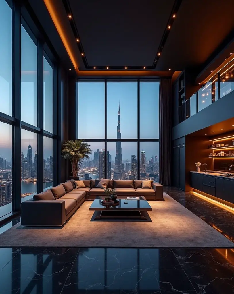 High-rise living room with panoramic city views and amber lighting