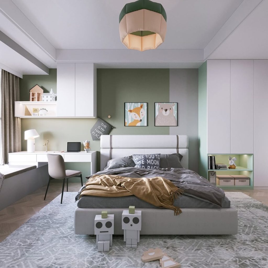 Kids bedroom with green accents geometric lighting animal artwork