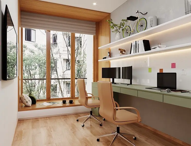 Window desk with floating shelves and reading seat