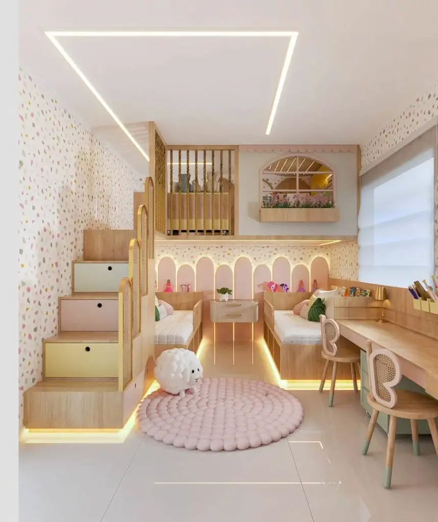 Wood cottage style loft bed with study area underneath