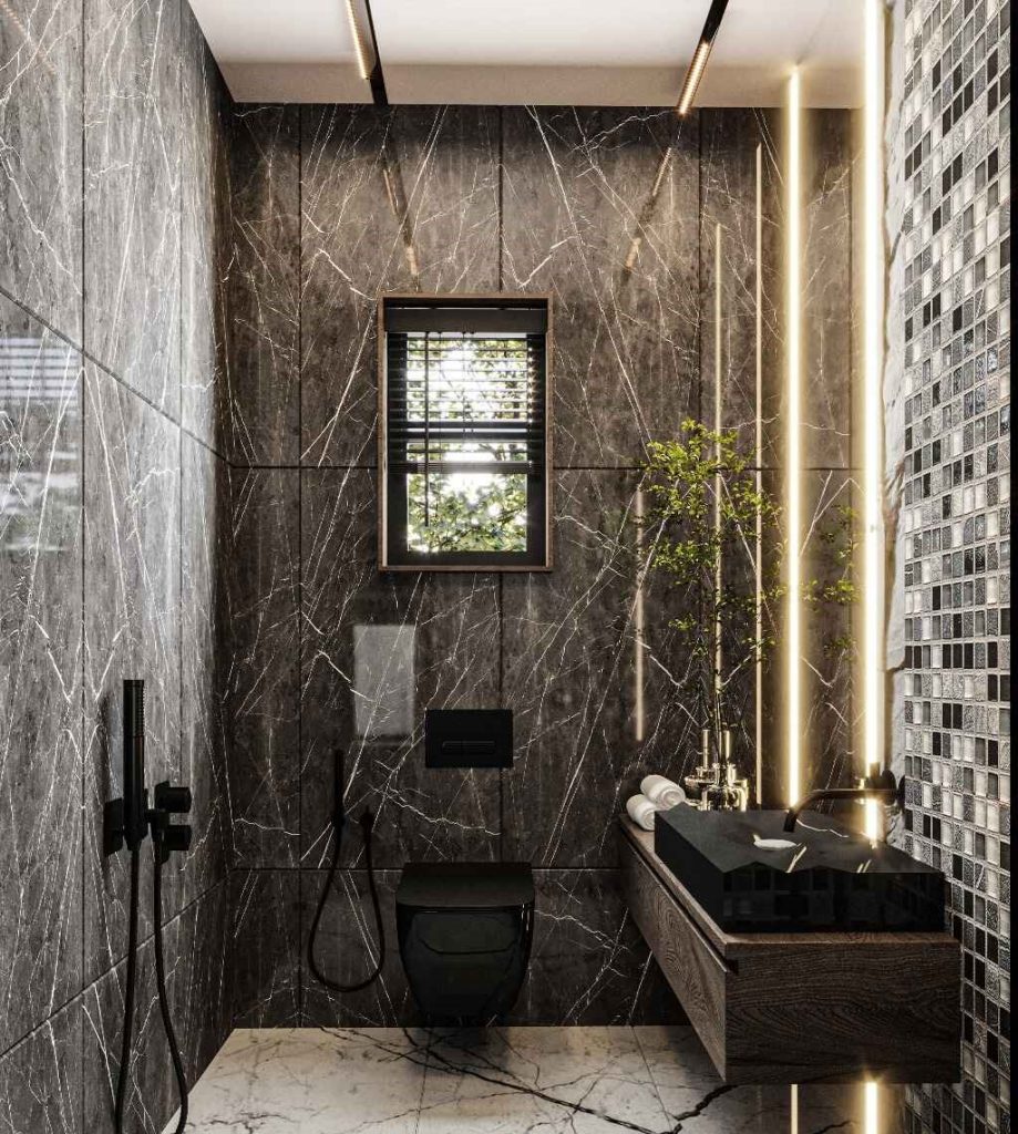 Luxury marble bathroom with mosaic tiles and golden lighting