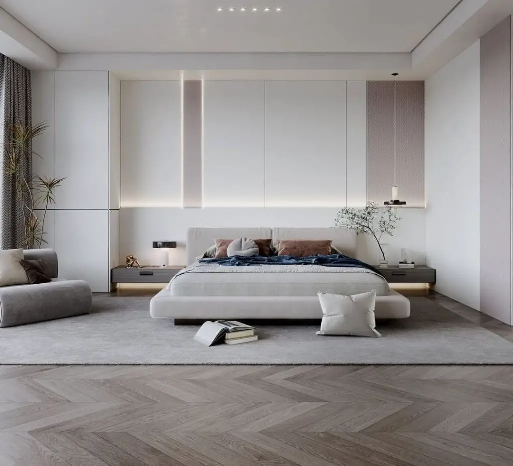 Modern platform bed with integrated LED lighting storage