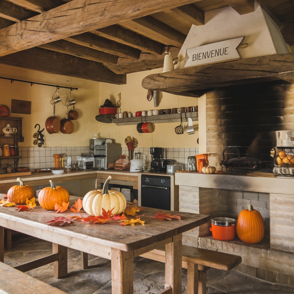 Rustic kitchen with exposed beams autumn pumpkins fireplace