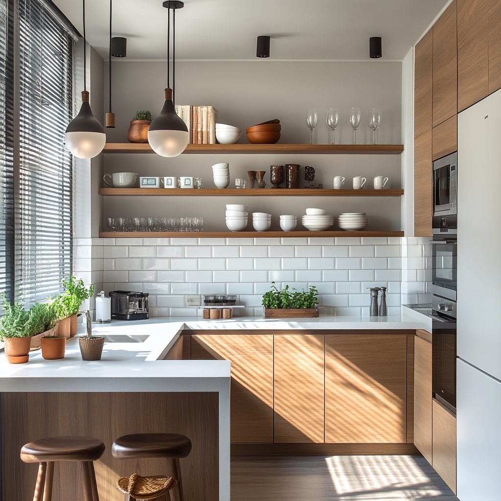 Modern kitchen with wood cabinets, marble island, floating shelves, and natural lighting