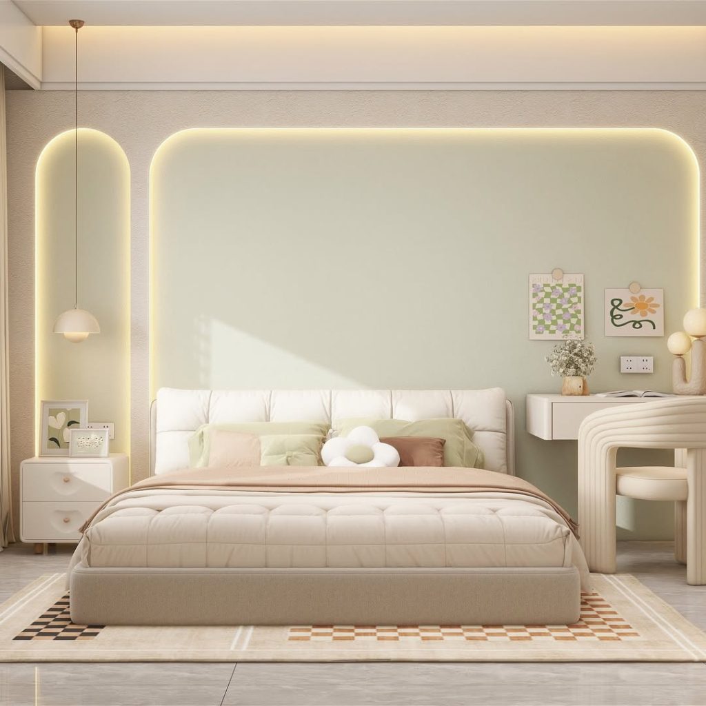 Bedroom with illuminated headboard built-in storage warm lighting