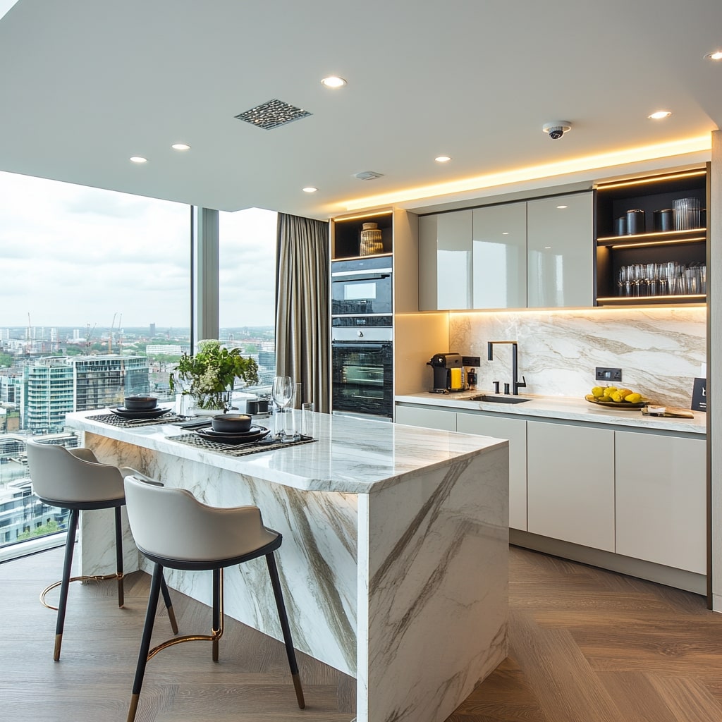 High-end kitchen with marble waterfall island, city views, and integrated lighting