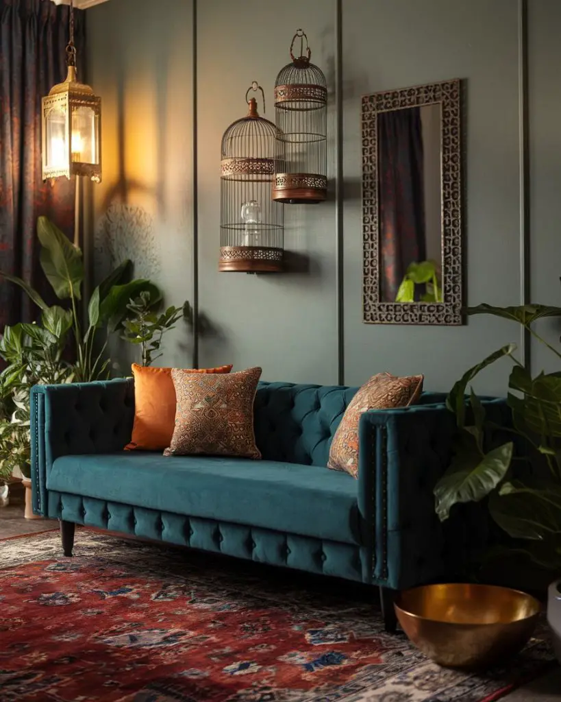Teal velvet sofa with Moroccan lanterns, copper pillows, ornate mirror