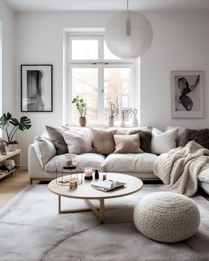 Cozy gray sectional with textured throws and circular pendant light