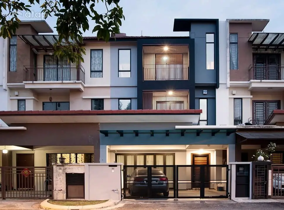 Navy contemporary house with wood slats three stories