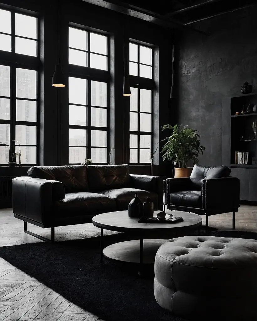 Urban factory apartment with large windows and industrial elements