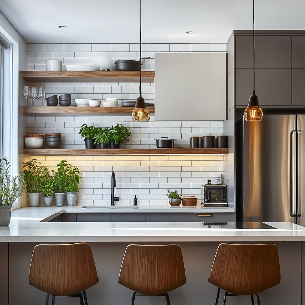 Contemporary kitchen with white tiles, wooden stools, and floating shelves