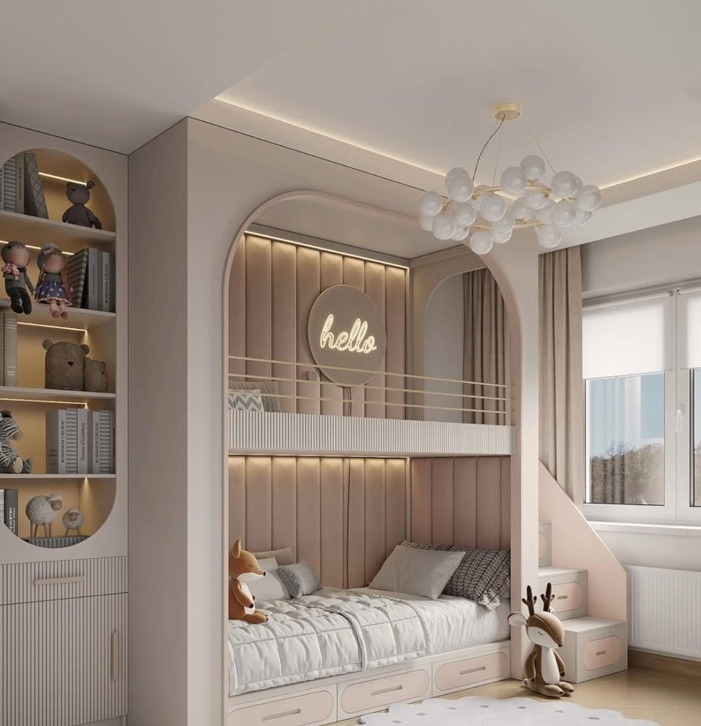 Modern built-in bed alcove with hello neon sign