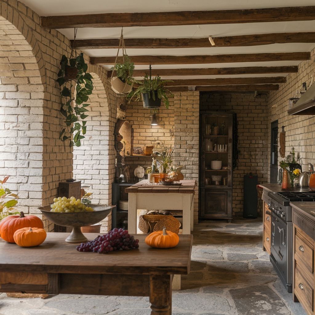 Brick kitchen with exposed beams autumn produce display