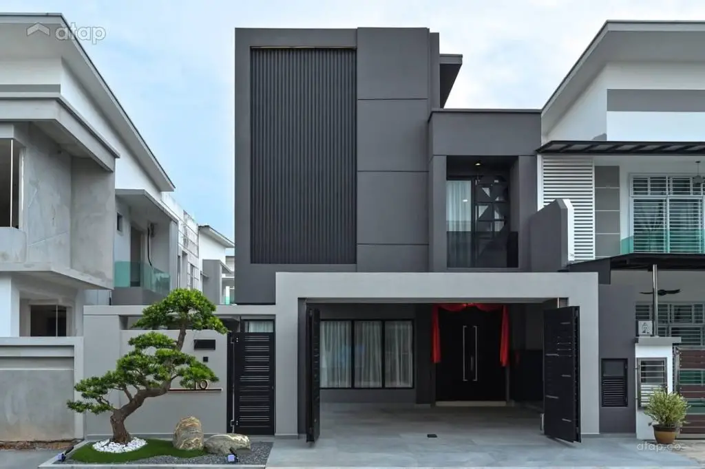 Modern gray white cube house open garage