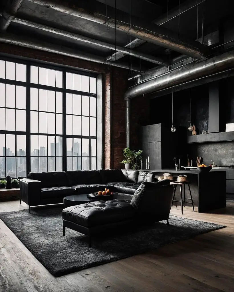 Raw warehouse living space with exposed beams and open kitchen