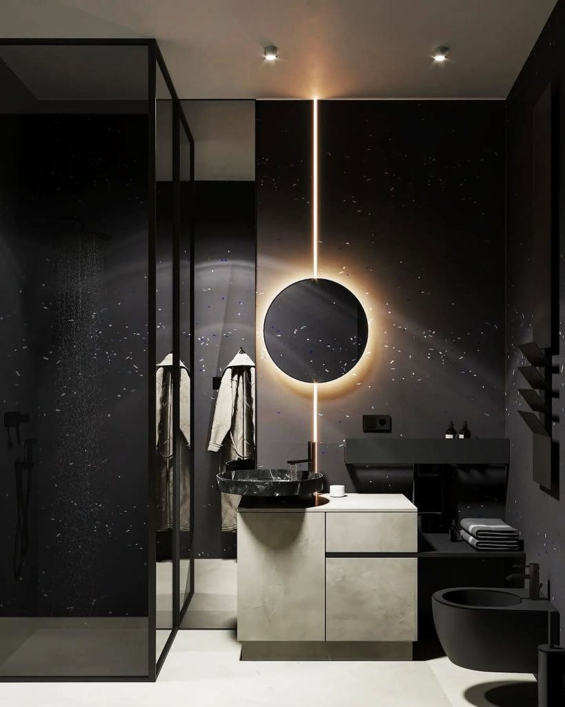 Dark bathroom with starry lighting and circular mirror feature
