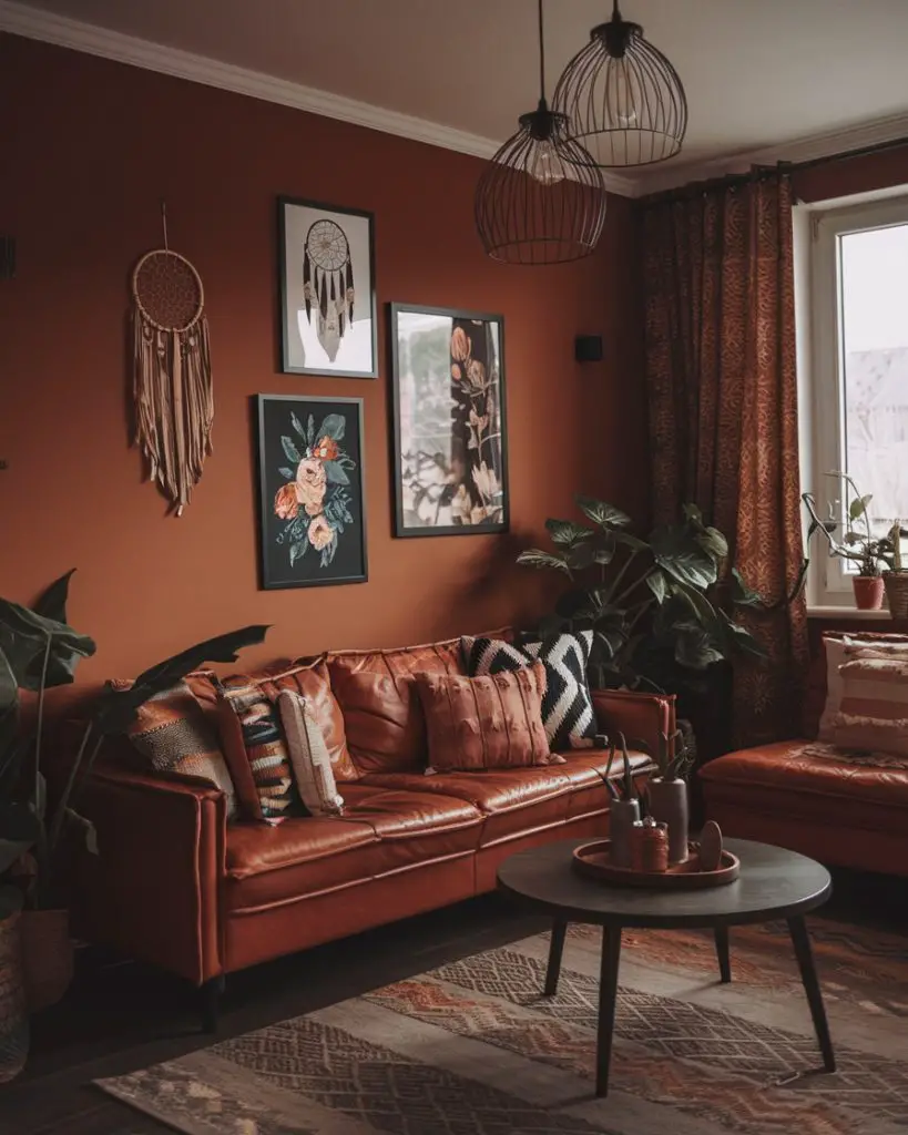 Cognac leather sofa with terracotta walls, wire pendants, botanical gallery wall