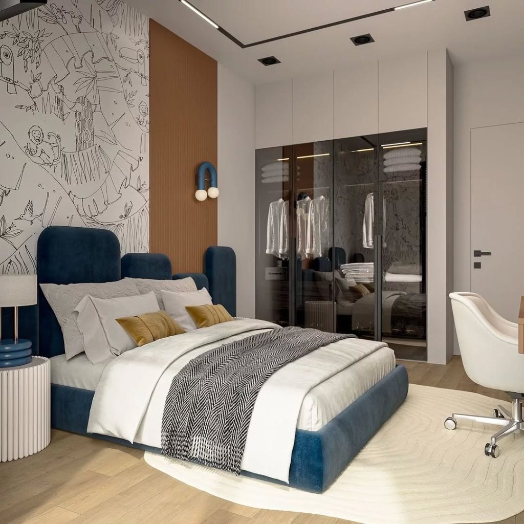Contemporary bedroom with artistic line drawings and blue headboard