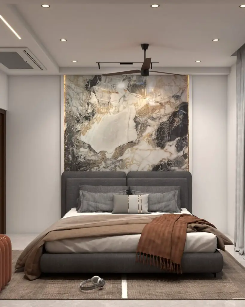 Modern bedroom with large marble wall art platform bed