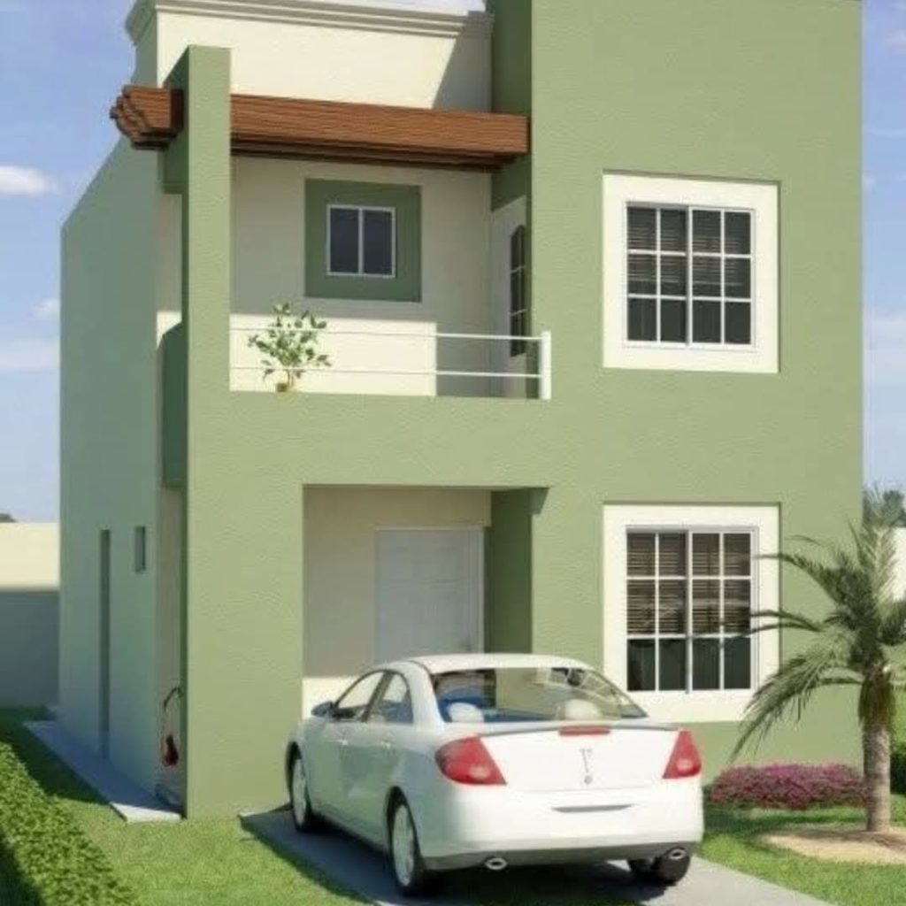 Sage green contemporary house with upper balcony