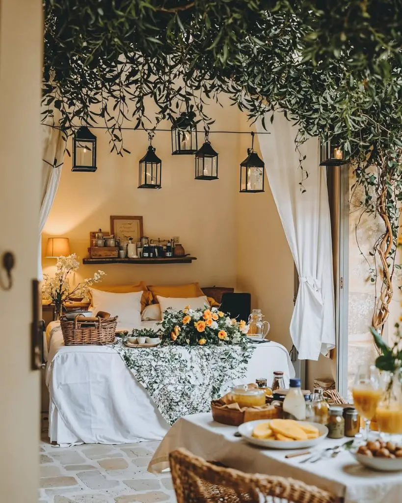  Bedroom with hanging lanterns and garden canopy styling