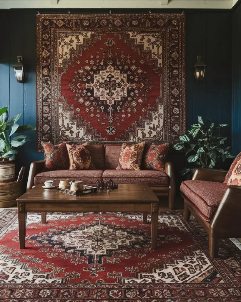 Wood furniture with large Persian tapestry, blue walls, layered rugs