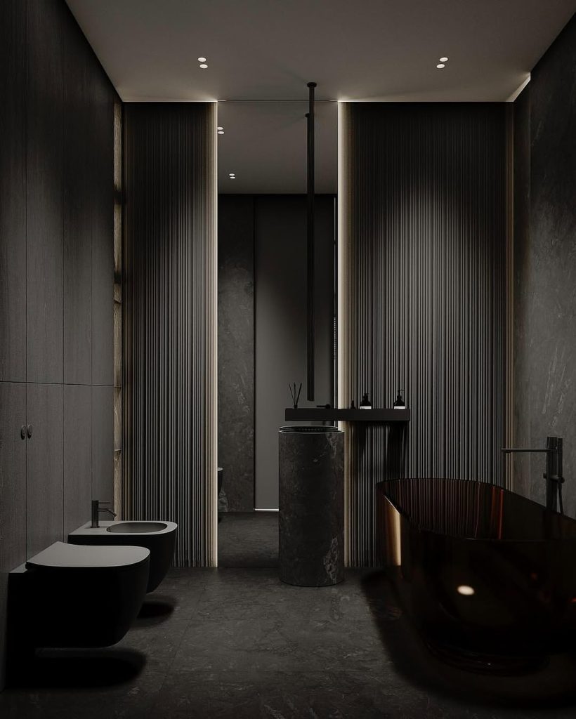Modern bathroom with sculptural freestanding sink and wood slats