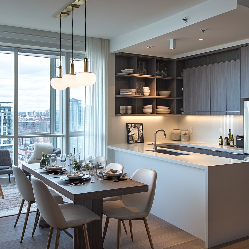 Dark kitchen with dining area, pendant lights, and city window views
